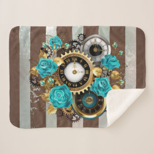 Steampunk Clock and Turquoise Roses on Striped Sherpa Blanket