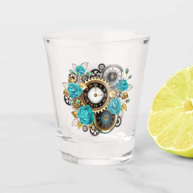 Steampunk Clock and Turquoise Roses on Striped Shot Glass (Front)
