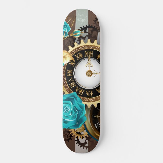 Steampunk Clock and Turquoise Roses on Striped Skateboard (Front)