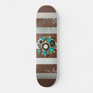 Steampunk Clock and Turquoise Roses on Striped Skateboard