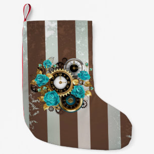 Steampunk Clock and Turquoise Roses on Striped Small Christmas Stocking