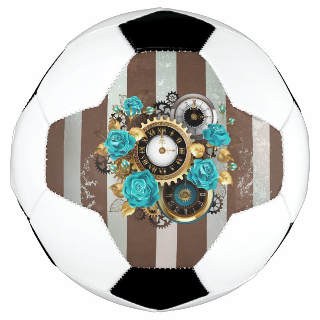 Steampunk Clock and Turquoise Roses on Striped Soccer Ball (Front)