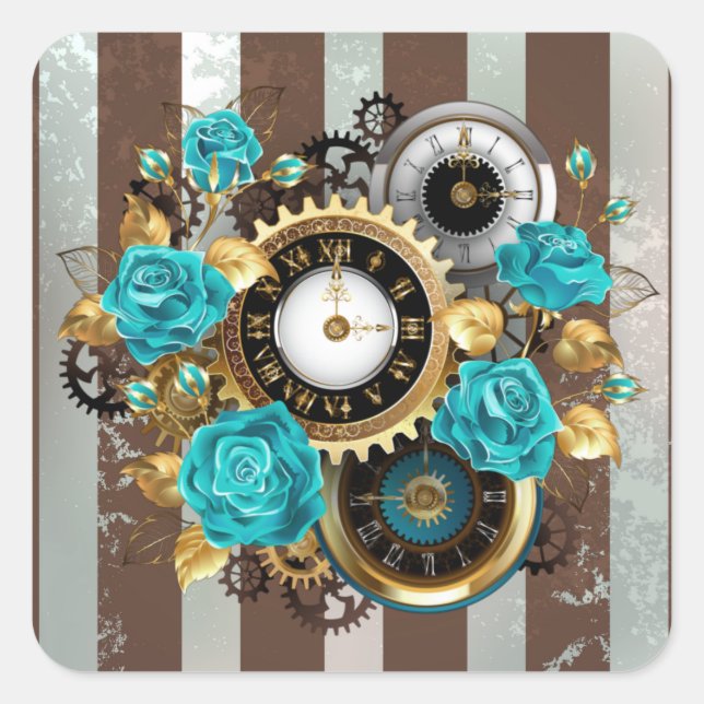 Steampunk Clock and Turquoise Roses on Striped Square Sticker (Front)