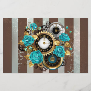 Steampunk Clock and Turquoise Roses on Striped Stationery