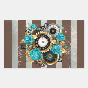 Steampunk Clock and Turquoise Roses on Striped Sticker