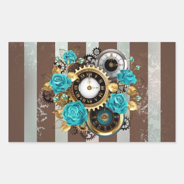 Steampunk Clock and Turquoise Roses on Striped Sticker (Front)