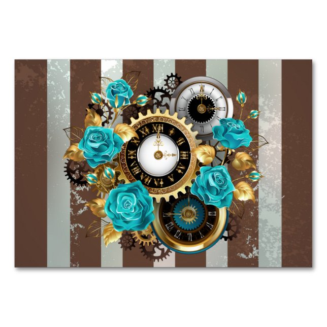 Steampunk Clock and Turquoise Roses on Striped Table Number (Front)