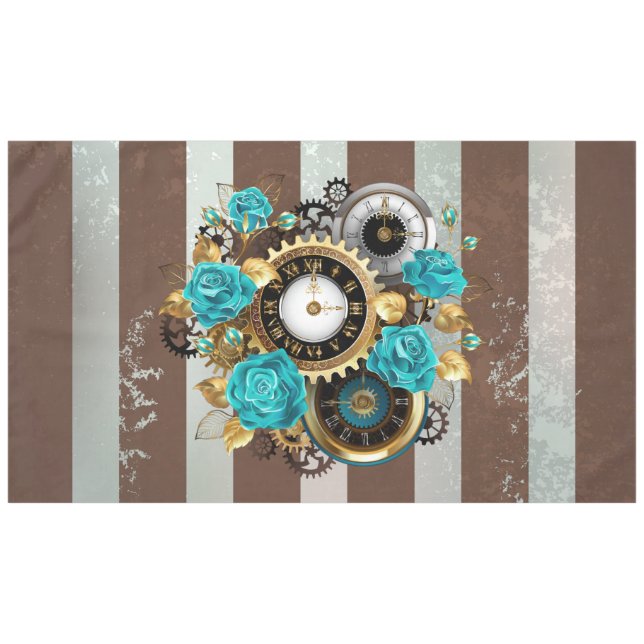 Steampunk Clock and Turquoise Roses on Striped Tablecloth (Front (Horizontal))