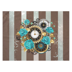 Steampunk Clock and Turquoise Roses on Striped Tablecloth