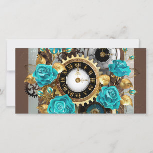 Steampunk Clock and Turquoise Roses on Striped Thank You Card