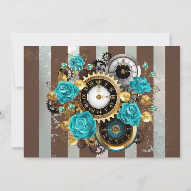 Steampunk Clock and Turquoise Roses on Striped Thank You Card (Front)