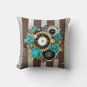 Steampunk Clock and Turquoise Roses on Striped Throw Pillow