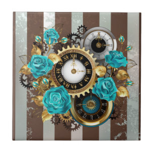 Steampunk Clock and Turquoise Roses on Striped Tile