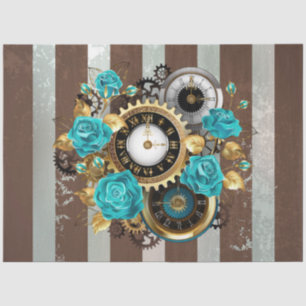 Steampunk Clock and Turquoise Roses on Striped Tissue Paper