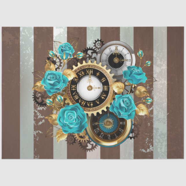 Steampunk Clock and Turquoise Roses on Striped Tissue Paper (Front)