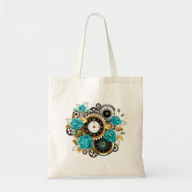 Steampunk Clock and Turquoise Roses on Striped Tote Bag (Front)
