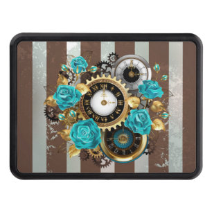 Steampunk Clock and Turquoise Roses on Striped Trailer Hitch Cover