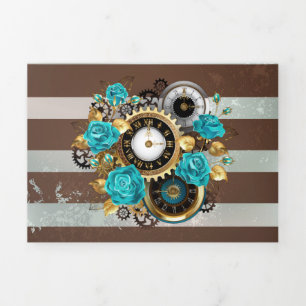 Steampunk Clock and Turquoise Roses on Striped Tri-Fold Programme