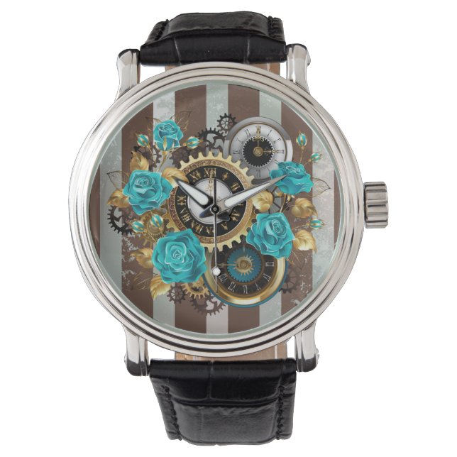Steampunk Clock and Turquoise Roses on Striped Watch (Front)