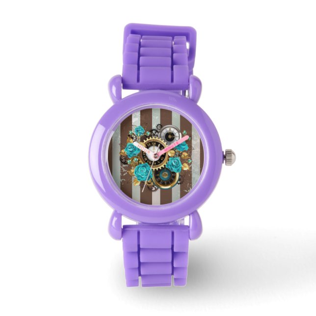 Steampunk Clock and Turquoise Roses on Striped Watch (Front)