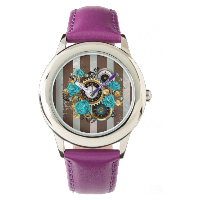 Steampunk Clock and Turquoise Roses on Striped Watch (Front)