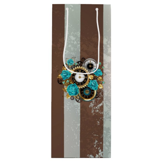 Steampunk Clock and Turquoise Roses on Striped Wine Gift Bag (Front)