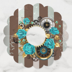Steampunk Clock and Turquoise Roses on Striped Wine Glass Tag