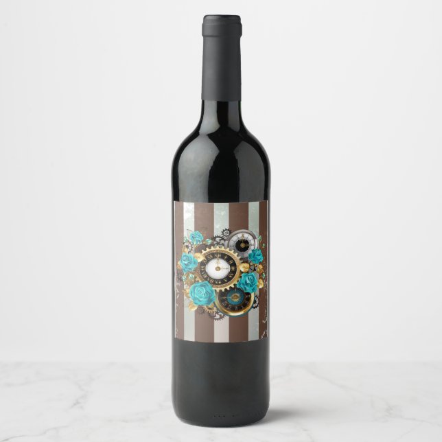 Steampunk Clock and Turquoise Roses on Striped Wine Label (Front)