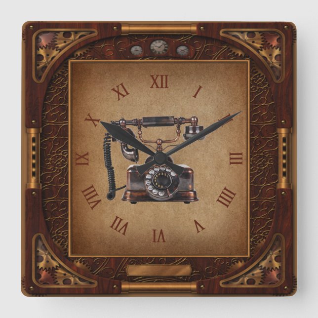 Steampunk Clock~Antique Telephone~Roman Numerals~ Square Wall Clock (Front)