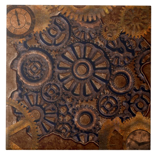 Steampunk Clock Black, Brass, Brown  Tile (Front)
