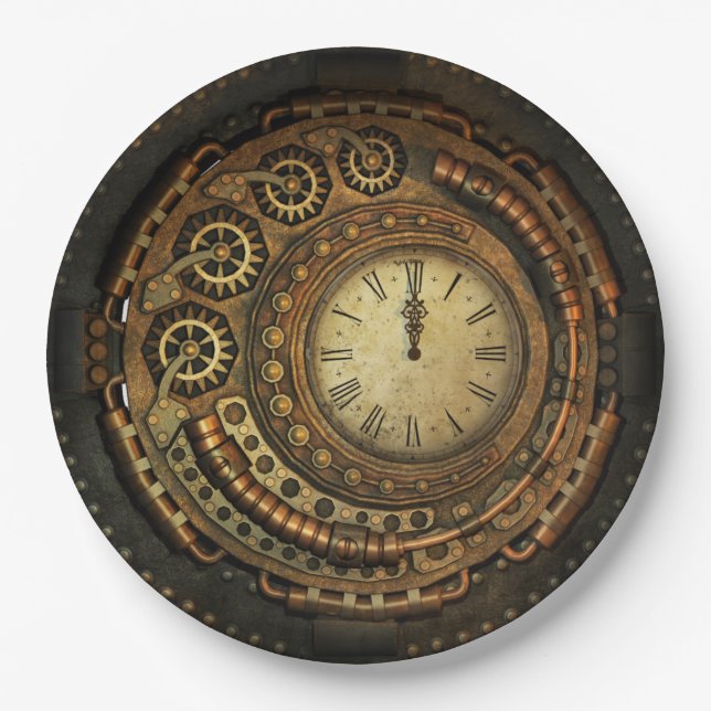 Steampunk Clock Disposable Paper Plates (Front)