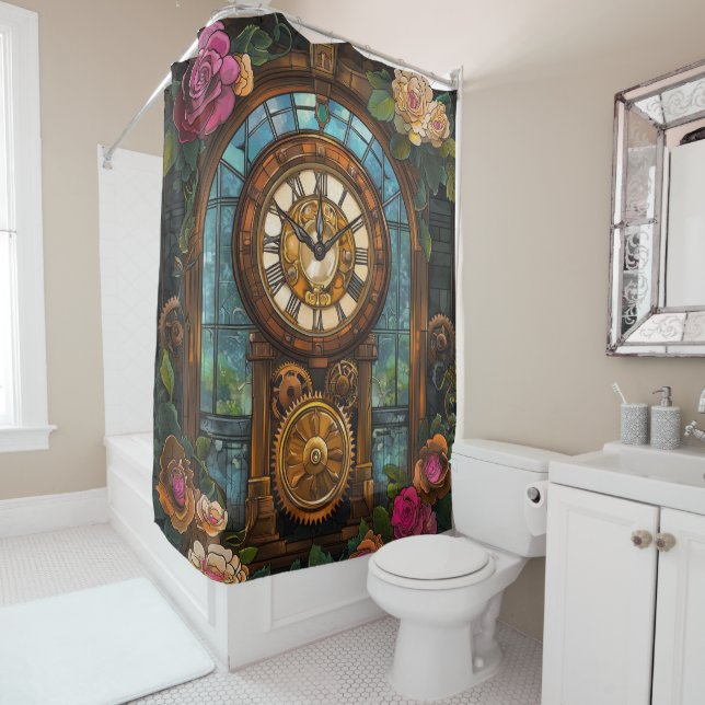 Steampunk Clock Tower Shower Curtain (In Situ)