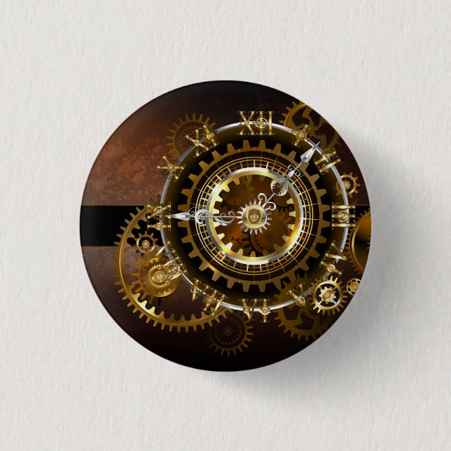Steampunk clock with antique gears 1 inch round button (Front)