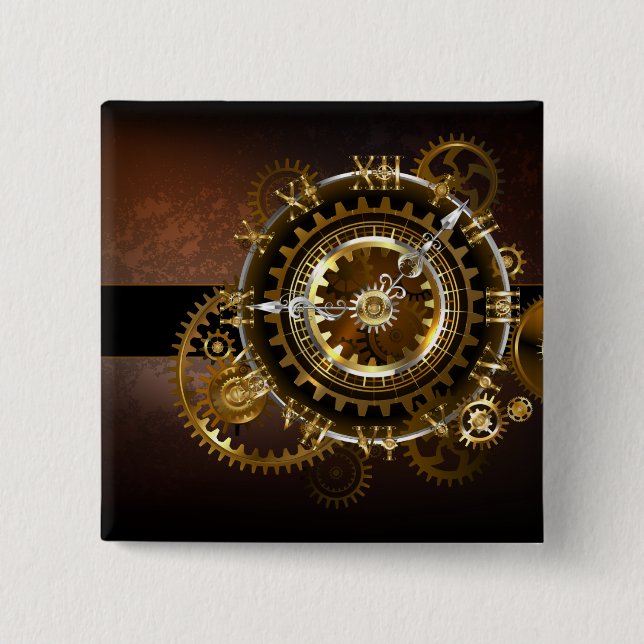 Steampunk clock with antique gears 2 inch square button (Front)