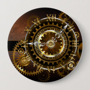 Steampunk clock with antique gears 4 inch round button