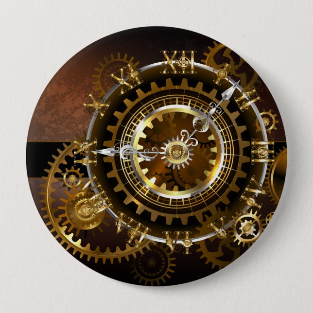 Steampunk clock with antique gears 4 inch round button (Front)