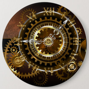 Steampunk clock with antique gears 6 inch round button