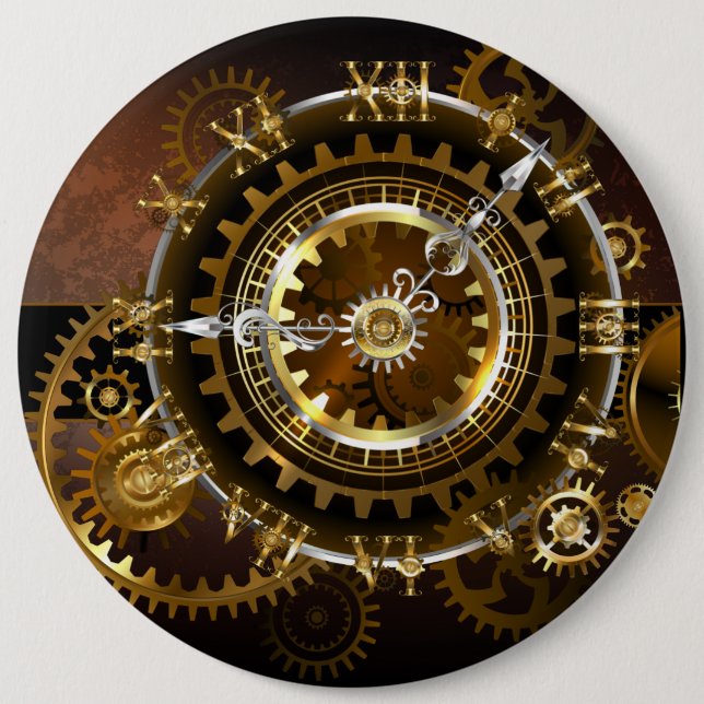 Steampunk clock with antique gears 6 inch round button (Front)