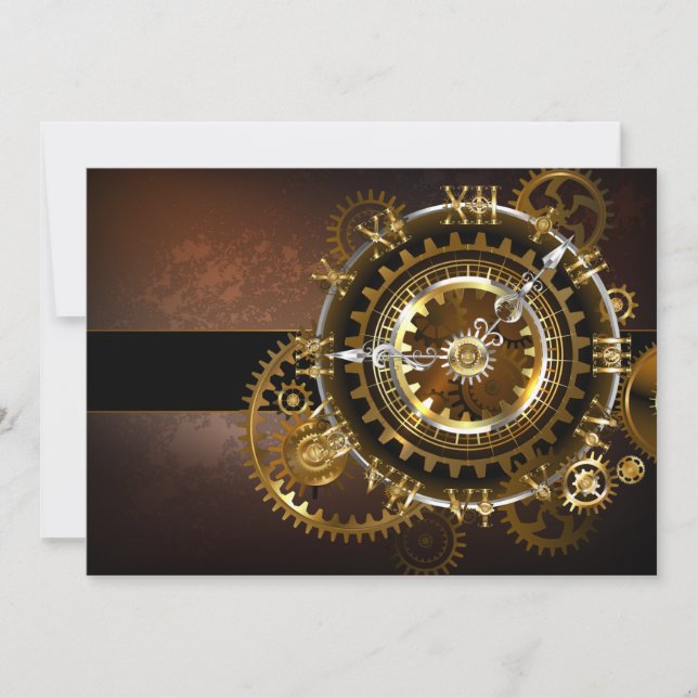 Steampunk clock with antique gears announcement (Front)