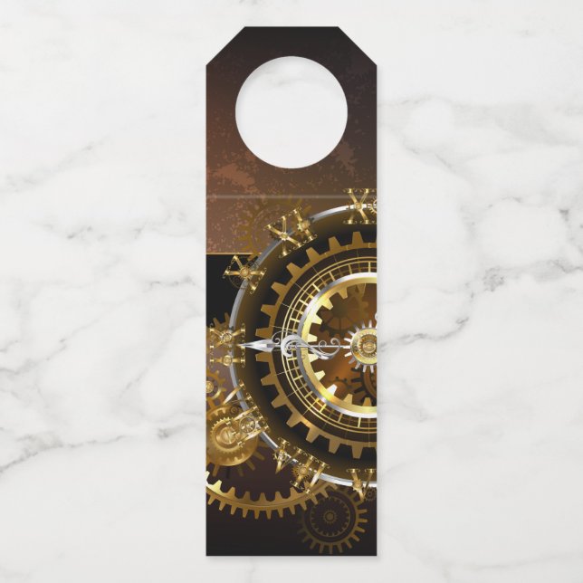 Steampunk clock with antique gears bottle tag (Front)