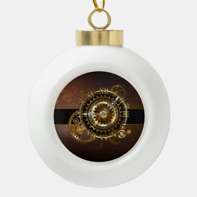 Steampunk clock with antique gears ceramic ball christmas ornament (Front)