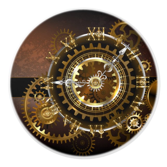 Steampunk clock with antique gears ceramic knob (Front)