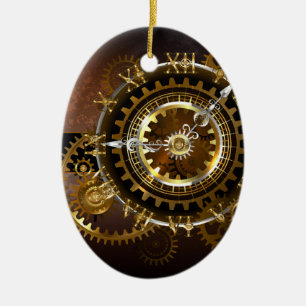 Steampunk clock with antique gears ceramic ornament