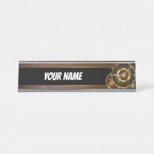 Steampunk clock with antique gears desk name plate