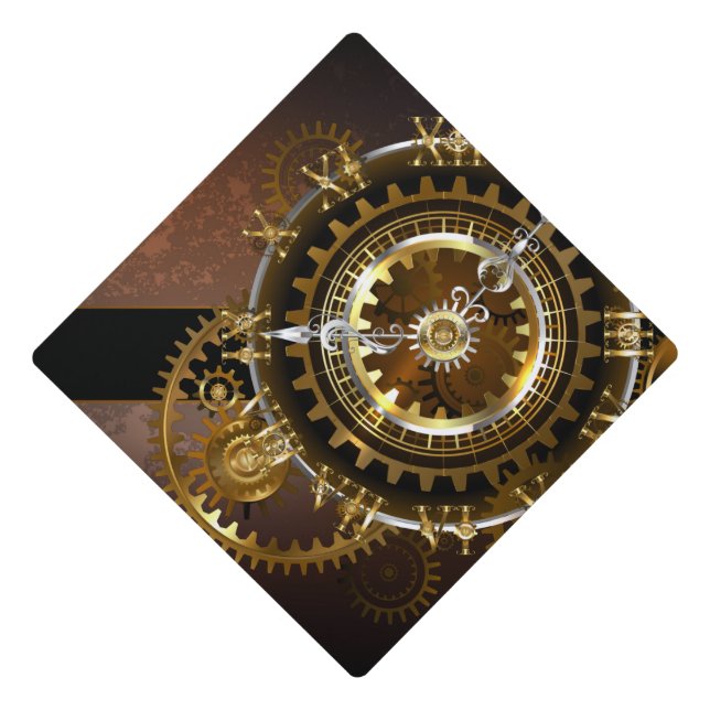 Steampunk clock with antique gears graduation cap topper (Front)