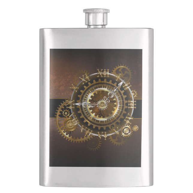 Steampunk clock with antique gears hip flask (Front)
