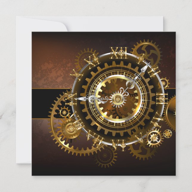 Steampunk clock with antique gears invitation (Front)