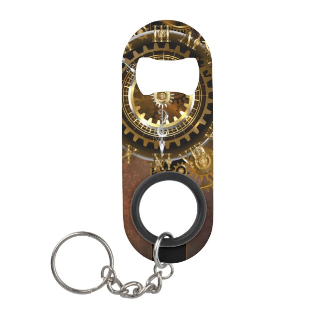 Steampunk clock with antique gears keychain bottle opener (Front)