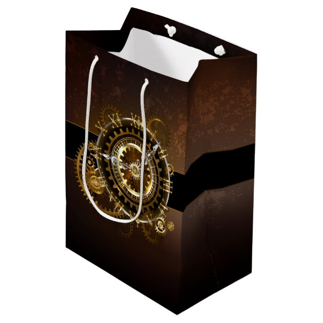 Steampunk clock with antique gears medium gift bag (Front Angled)