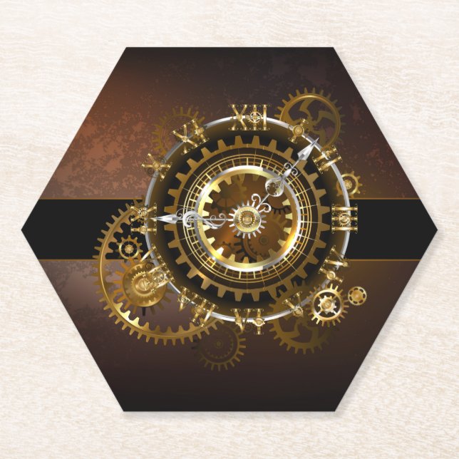 Steampunk clock with antique gears paper coaster (Front)